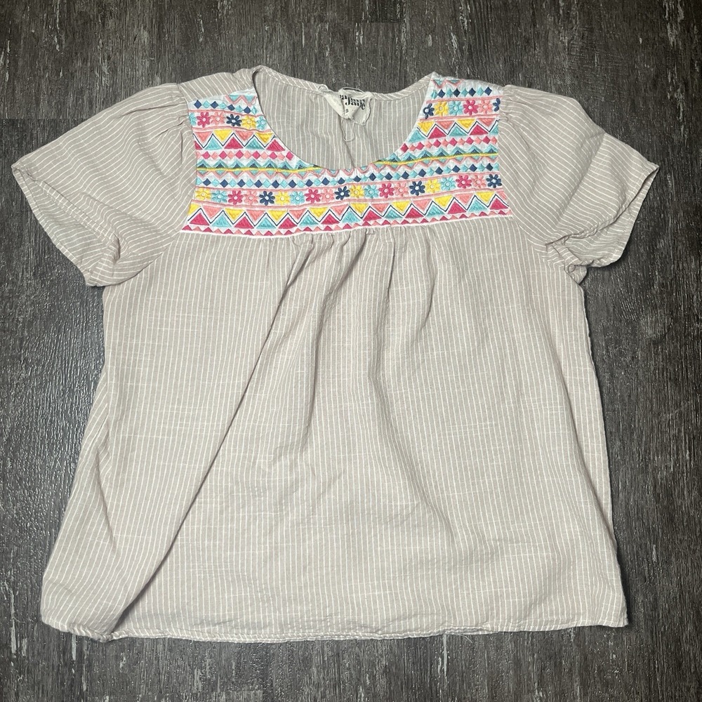 Savanna Jane Top Striped Tan Embroidery Shirt Small Bohemian Anthropologie Tulum
